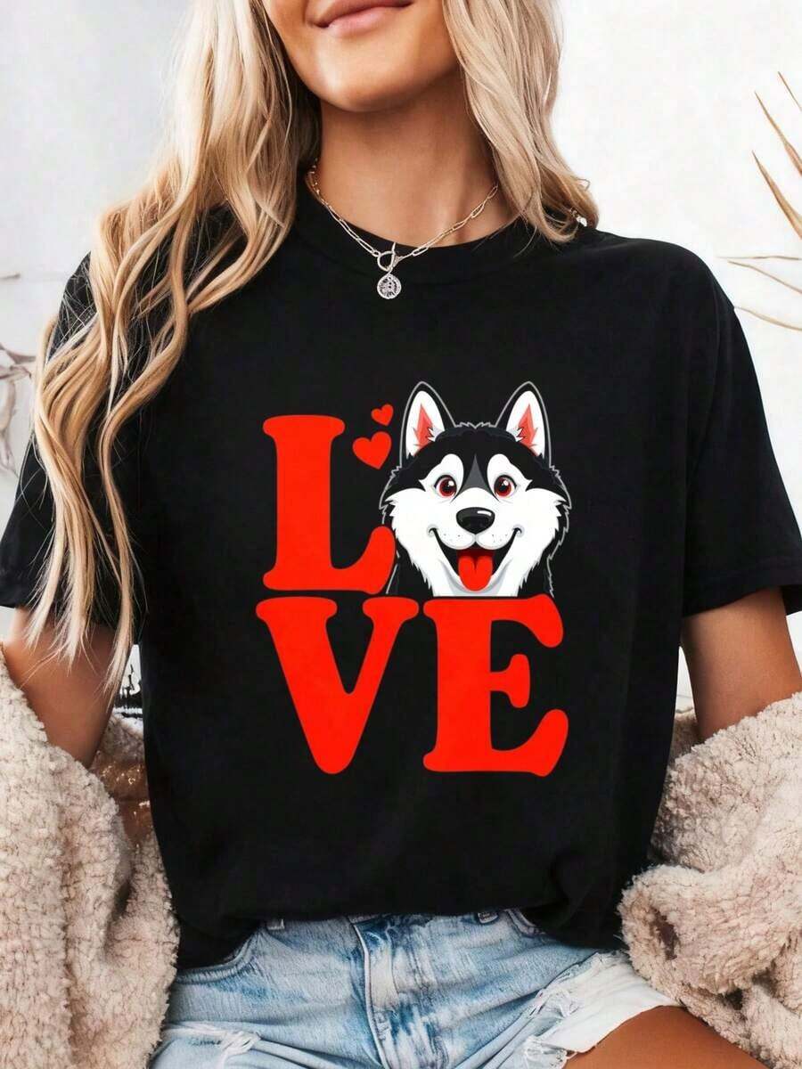 I Love Huskies, Husky Dog T-Shirt, Gift For Husky Lovers, Dog Lover T-Shirt, Siberian Husky T-Shirt, Cute Husky T-Shirt, Dog Owner T-Shirt, 100% Cotton - 黑色3 - 查看 1
