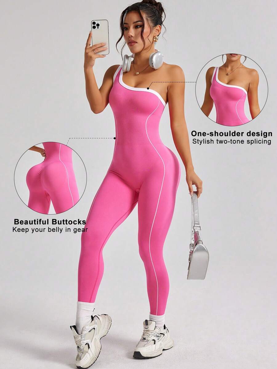 Mono deportivo sin costuras de color contrastante para el hombro, tela suave y cómoda, control de abdomen y levantamiento de glúteos, adecuado para entrenamiento, yoga, fitness y uso diario - Rosa Fucsia - Ver 1