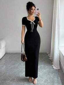 Vestido largo ajustado de manga corta con diseño de lazo en la cintura y cuello de corazón elegante y romántico en color albaricoque, para primavera/verano - Blanco y Negro - Ver 7