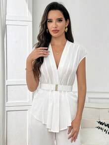 Blazer elegante de unicolor con cinturón para mujer, para el verano - Blanco - Ver 4