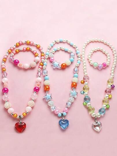 2pcs/Set Girls Delicate Fashion Heart & Faux Pearl Necklace Bracelet Jewelry Set, Suitable For Daily Wear, Back To School, Gatherings, Holidays, Girls Accessories