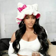 1Pcs White Teddy Bonnet / Rose Red Satin Lining Satin Lined Bonnet  No Frizz, All Comfort, Stylish Curl Protection Daily Hair Care - 紅白色 - 查看 2