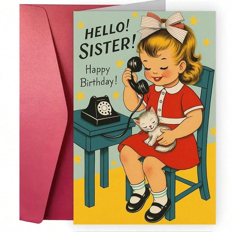 OBOVAY 1pc Vintage Sister Birthday Greeting Card, Suitable For Sisters, Nostalgic Cute English Blessing Card, Birthday Wishes For Sisters, Applicable For Birthday Occasions - A - View 1