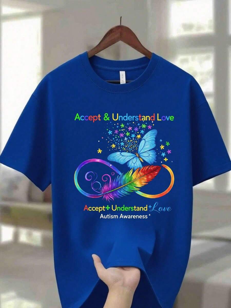 Unisex Crew Neck T-Shirt In Navy Blue, Made From 100% Cotton And Weighing 220g, With A Vibrant Design For Autism Awareness That Says 'Accept And Understand Love' With Multicolored Butterflies And Rainbow Feathers. - 藍色 - 查看 1
