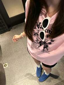 寬鬆設計字母印花短袖T恤，休閒淡粉色女款上衣，適合夏季度假 - 淺粉色 - 查看 3