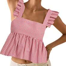 Women's Summer Floral Print Tank Tops Ruffle Cap Sleeve Bow Tie Backless Crop Top Square Neck Ruffle Hem Blouse Tops - 紅色 - 查看 2