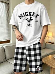 Disney 男士米奇印花睡衣套装，黑白格子短裤，春夏两件套家居服 - 黑與白 - 查看 2