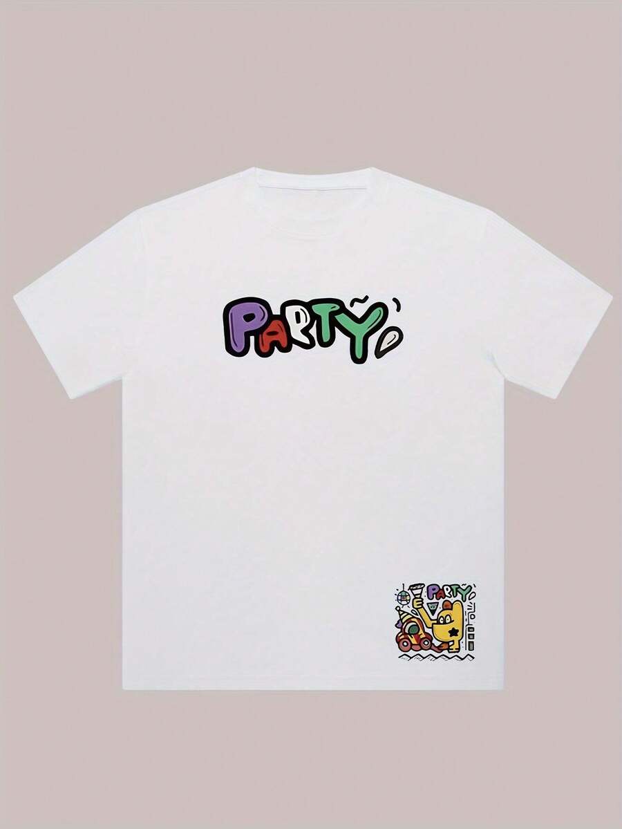 Cotton T-Shirt With Party Print - Casual Crew Neck, Short-Sleeved Shirt For Men & Women, Machine Washable - Perfect For Summer. - White - View 1