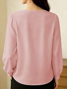 Spring/Autumn Fashion Women's Round Neck Long Sleeve Top Solid Color Elegant OL Commuter Shirt Pink - Pink - View 3