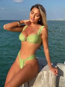 2026 Sexy New Solid Color Metallic Pentagram Two-Piece Swimsuit Bikini - Grass Green - View 2