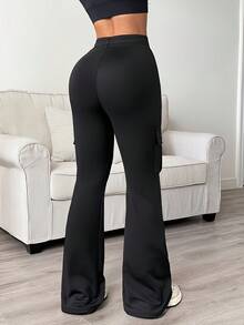 Women'S Functional Flare Cargo Pants, High Waist Elastic Drawstring Bootcut Leggings With Multi-Pockets, Stretchy All-Purpose & Casual Pants - Black - View 5