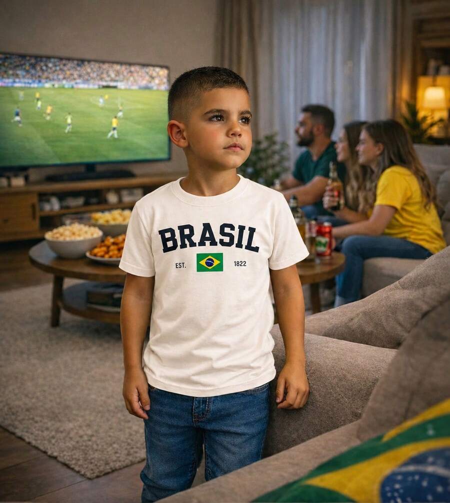 Comfortable Unisex Children's T-Shirt, Cotton, Printed Model: "Brazil Written World Cup" - Special Release 2025 - Apricot - View 1