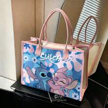 Miniso Túi tote Disney Stitch & Angel, họa tiết hoạt hình dễ thương với viền hồng, túi đeo vai bằng vải canvas dung tích lớn, thích hợp đi mua sắm, đi học, đi làm và du lịch. - Hồng - Xem 4