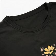 Short-Sleeved T-Shirt With Floral And Butterfly Print, Ideal For Wearing At Home, On The Street, In The Park, At The Cafe, On The Beach, At A Meeting, Regular Fit, Casual Style, Comfortable And Breathable. - 黑色 - 查看 3