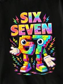 Basic Short-Sleeved T-Shirt For Pre-Teen Boys, Featuring A Cartoon-Style Slogan Graphic Print With The Number 67, In A Minimalist And Refreshing Style, Suitable For Casual Spring, Summer And Autumn Outfits - 紅色和黑色 - View 5