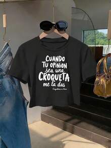 Women's Short Sleeve T-Shirt, Round Neck, Casual Crop Top Y2K Fitted, Modern And Figure-Flattering Design, 100% Polyester, Machine Washable, Easy Care, Casual Print With Spanish Lettering, Fun Text To Express A Unique Attitude, Printed Design, New Summer 2026 - Black - View 1