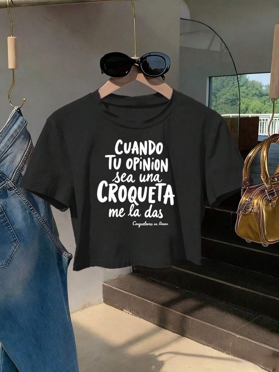 Women's Short Sleeve T-Shirt, Round Neck, Casual Crop Top Y2K Fitted, Modern And Figure-Flattering Design, 100% Polyester, Machine Washable, Easy Care, Casual Print With Spanish Lettering, Fun Text To Express A Unique Attitude, Printed Design, New Summer 2026 - Black - View 1