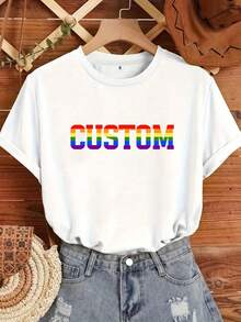 [Custom Product] Custom GBT Text T-Shirt, GBTQ Customization With Your Own Rainbow Text, Personalized Gay T-Shirt, Gay Pride Clothing, Spanish Wedding T-Shirt, Spanish Gift, GBTQ Birthday, Matching Gay T-Shirt, Elegant Party Outfit/Elegant Ladies T-Shirt/Suitable Blouses For Curvy Women/Prom Skirts/Casual Wear - 白色 - 查看 1