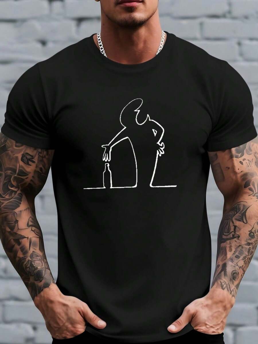 Camiseta de hombre de 2026, más vendida, de gama alta, para exteriores, casual, transpirable, de secado rápido, que absorbe la humedad, con estampado, cuello redondo, ligeramente elástica, de ajuste holgado, de fácil cuidado y versátil, Serie Mr. T-Line La-LineaTee - Negro - Ver 1