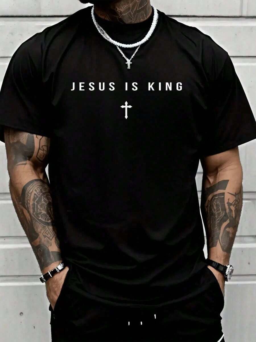 Men's Autumn T-Shirt Jesus Is King Christian Cross Minimalist Religious Christ T-Shirt Halloween Pumpkin Thanksgiving Family Funny Graphic Christmas Casual Autumn T-Shirts - 黑色 - 查看 1