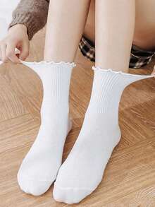 1/3/5 pares de calcetines de tobillo con volantes lindos para mujer, color negro y blanco, mezcla de poliéster y spandex, lavables a máquina - Multicolor - Ver 3