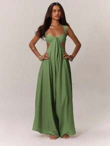 Extreme Wide Leg Jumpsuit Draped Front Bust Cups Cut Out Sides Open Back Vacation Boho Western Spring Summer Vacation Beachwear Elegant Ibiza Holiday Wedding Guest Date Night Sexy Evening Bohemian  Green Spring Summer Wedding Party Easter - 軍綠色 - 查看 1