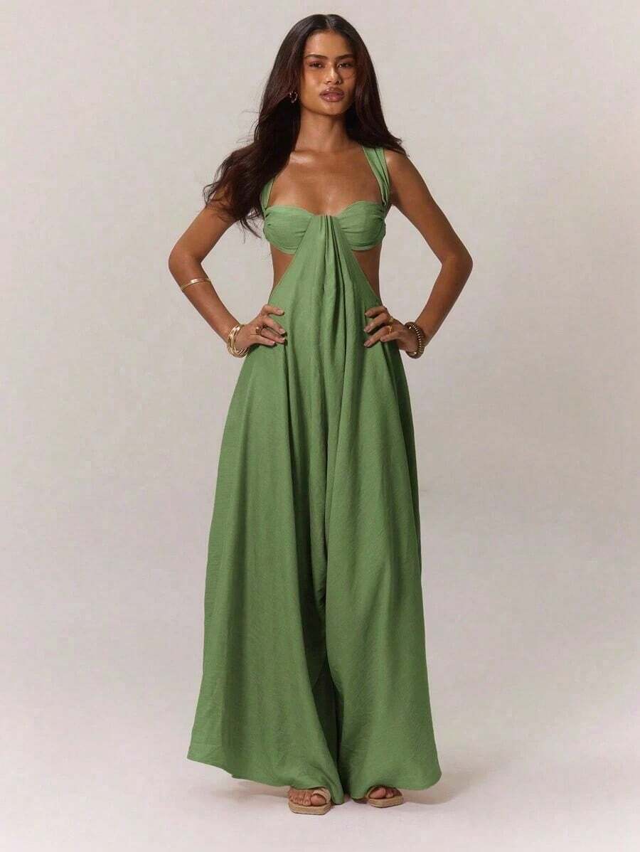 Extreme Wide Leg Jumpsuit Draped Front Bust Cups Cut Out Sides Open Back Vacation Boho Western Spring Summer Vacation Beachwear Elegant Ibiza Holiday Wedding Guest Date Night Sexy Evening Bohemian Green Spring Summer Wedding Party Easter - 軍綠色 - 查看 1