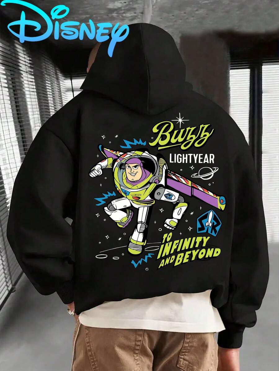 Disney Toy Story Buzz Lightyear Print Hoodie, Space Adventure Loose Hoodie Unisex, Hooded Hoodie For Fall/Winter, Hooded Drawstring Design, Machine Washable, Men's - 黑色 - 查看 1