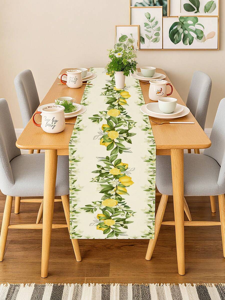 1 Pc Lemon And Floral Vine Print Table Runner Farmhouse Botanical Style Table Runner Washable Suitable For Outdoor Indoor Party Kitchen Home Dining Table Center Can Be Used For Living Room Rectangular Dining Table Restaurant Decoration - Yellow - View 1