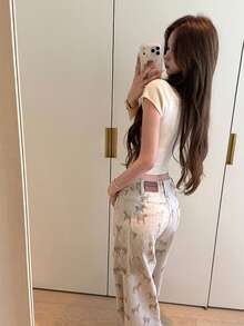 性感露脐U领针织衫，修身百搭夏季上衣 - 杏色 - 查看 4
