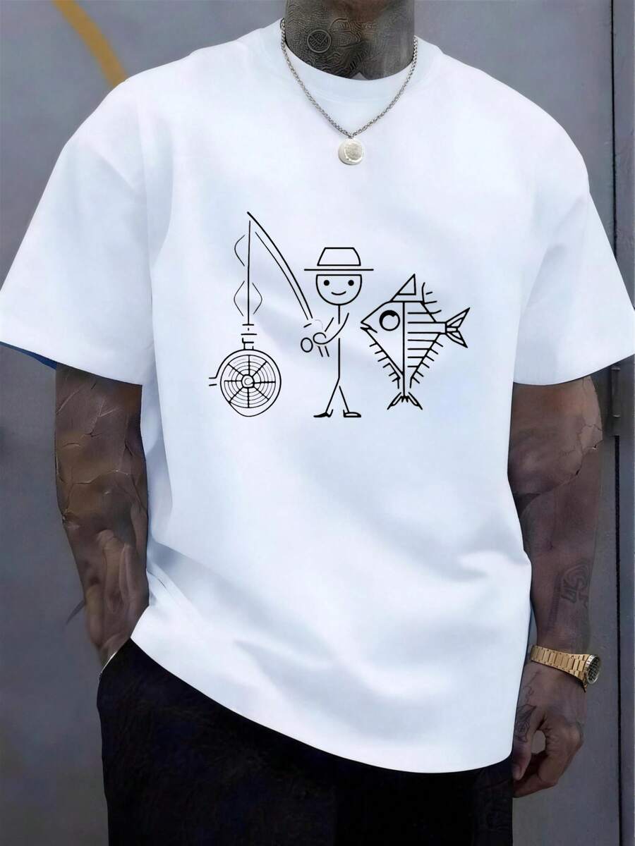 Camiseta Estampada para Hombre, Estilo Vintage Holgado, Diseño de Pesca de Sirena, Estilo Casual para Viajes Diarios, Sin Arrugas| Camisetas de uso diario para hombre| Camisetas básicas para hombre| Tops de moda modernos - Blanco - Ver 1