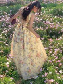 MOD Vestido con estampado floral romántico, espalda abierta y lazo - Amarillo claro - Ver 3