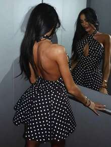 Vestido elegante y para mujer con estampado de lunares, cuello halter hueco, para playa, vacaciones y - Blanco y Negro - Ver 5