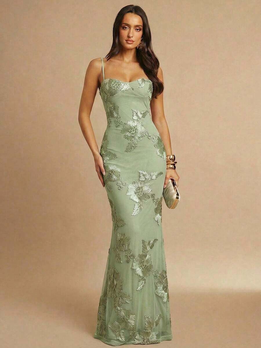 Fitted Strappy Dress With 3D Floral Print - Mint Green - View 1
