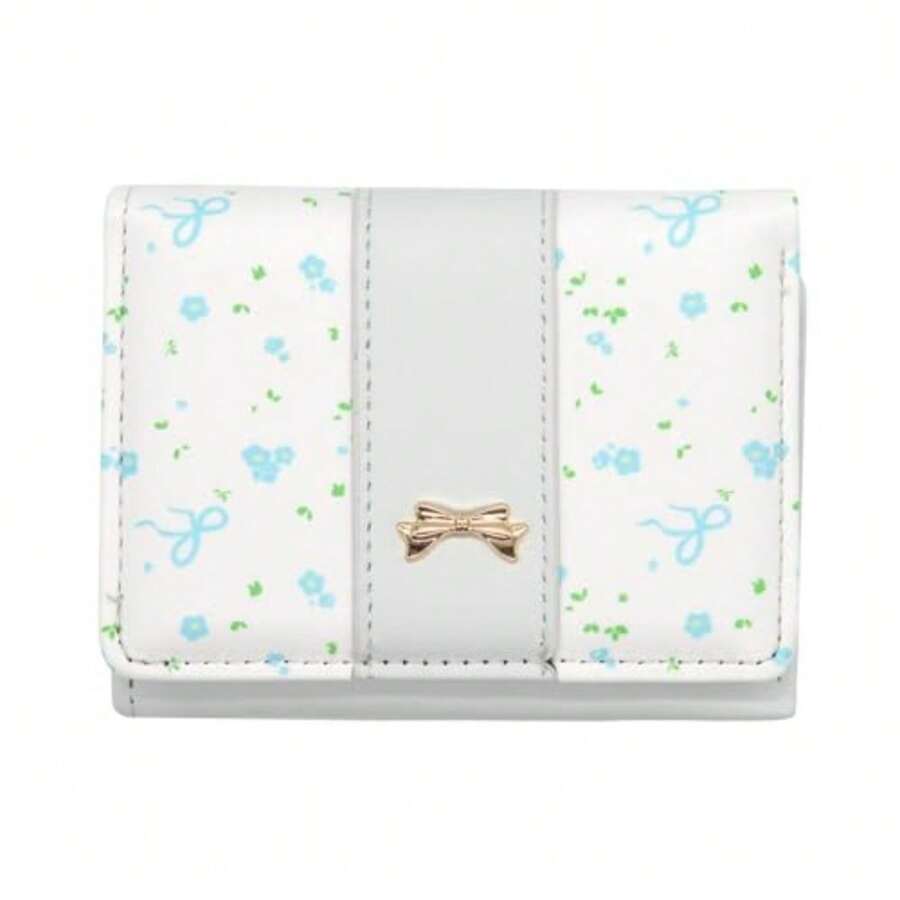 Small Wallet for Women Floral Coquette Bow Cute Wallet Girls Trifold Leather Card Holder Short Purse with ID Window - Azul - Ver 1