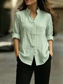 Blusa 2026 de mujer de estilo minimalista y preppy, de manga larga, cuello en V pequeño, con detalles de smocking y tela arrugada, de corte holgado y semitransparente, para oficina y uso diario - verde menta - Ver 1
