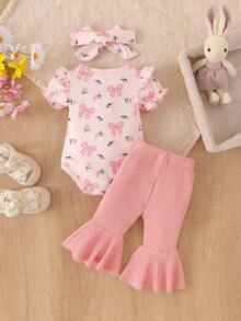 2pcs Newborn Baby (Girl) Cute Soft Short Sleeve Romper Matched With Printed Pants And Headband Set, Thin For Spring/Summer - Pink - View 2