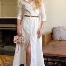 Vestido de manga larga con cuello de camisa elegante para mujer, adecuado para primavera/verano, Día de la Madre, Ramadán, Eid Al-Fitr, uso diario, playa, vacaciones - Amarillo - Ver 2