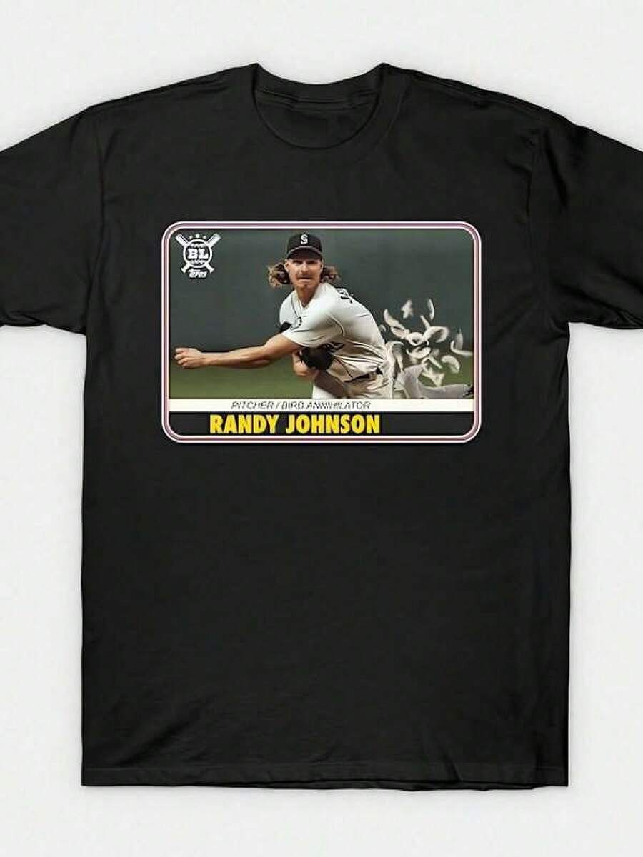 Randy Johnson Men's Baseball Graphic Tee - Pure Cotton, Heat Transfer Printed, Casual Crew Neck Tee, Perfect Valentine's Day Gift For Him, Black With White And Red Accents - 黑色 - 查看 1