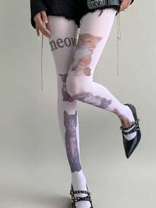 1 Pair Cat Pattern White Transparent Stockings, Snag-Resistant Pantyhose - White - View 3