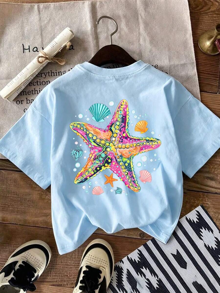 Teen Girls Cartoon Starfish Print Round Neck T-Shirt, Spring/Summer Casual Short Sleeve Top, Soft Vacation Style - Blue - View 1