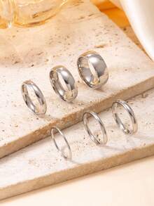 6 piezas Juego de anillos de acero inoxidable lisos para parejas de 1/2/3/4/6/8mm, bandas minimalistas apilables para uso diario, adecuados para parejas, Día de San Valentín, Boda - Plateado - Ver 9