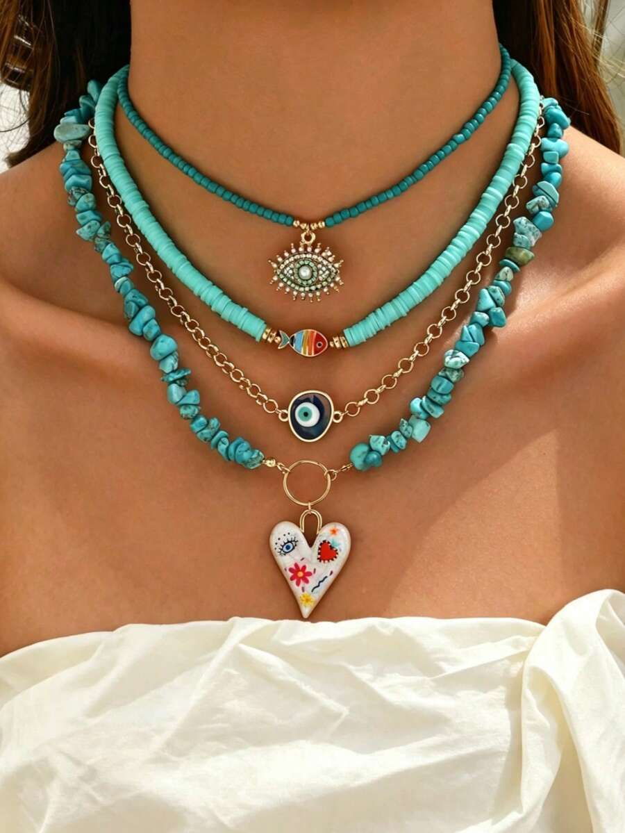 4 piezas Collar con cuentas de turquesa estilo vaquero occidental, collar con colgante de perla, ojo malvado, corazón de pez, adecuado para uso diario y vacaciones de las mujeres - Multicolor - Ver 1