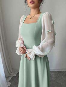 Vestido de mujer con parches tejidos, decoración de lazo y cintura ceñida - Azul marino - Ver 10