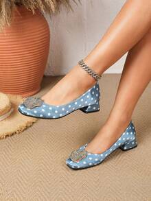 Women's Fashion Classic Suede Matching Metal Rhinestone Square Toe Chunky Heel Shoes - Baby Blue - View 3