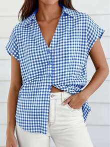 Puff Sleeve Striped Ruffle Blouse V Neck Button Front Summer Top Chic Casual Work Office Outfit For Women - 藍色格子 - 查看 3