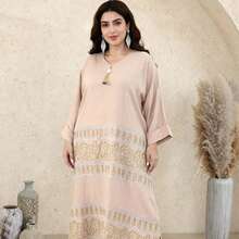 Plus Size Heavy Embroidery Gold & Silver Arabic Women's Summer Apricot Elegant Dress, JALABIA V-Neck With Tassel Collar, Slit Hem, Long Sleeve, Casual Vacation Outfit - Apricot - View 3