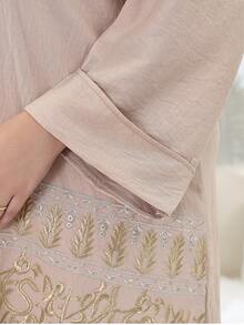 Plus Size Heavy Embroidery Gold & Silver Arabic Women's Summer Apricot Elegant Dress, JALABIA V-Neck With Tassel Collar, Slit Hem, Long Sleeve, Casual Vacation Outfit - Apricot - View 9