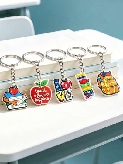 5PCS Pvc Soft Rubber Back-To-School Keychain Set, Book, Apple, And Love Letter Patterns Cartoon Cute Backpack Accessories, Metal Keyring Set Combination Back-To-School Gifts, Practical And Auspicious Small Prizes