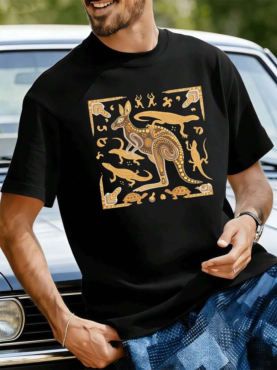 Camiseta casual de hombre con estampado de canguro, cuello redondo, corte holgado, estilo hip-hop urbano, ajuste cómodo, estampado gráfico único. - Negro - Ver 1